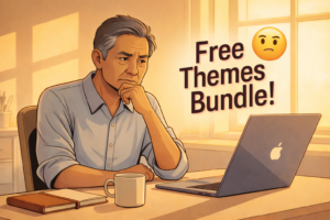 Asian male skeptically appraising a bundle of free themes