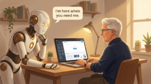 Man working with laptop, robot says "I'm here when you need me"