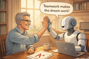 Man and robot high fiving after writing success