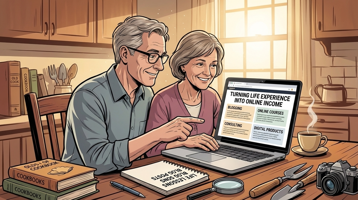 couple considering life experiences while working on a laptop