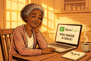 Older woman smiling at her laptop after making a sale on GumRoad