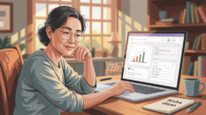 Asian woman finding niche ideas working on laptop