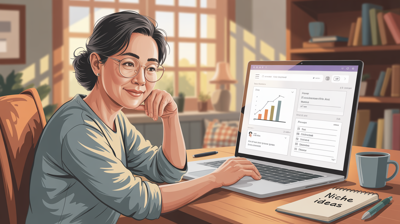 Asian woman finding niche ideas working on laptop