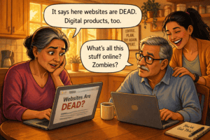 Family chuckling at online news about tech that's supposedly over
