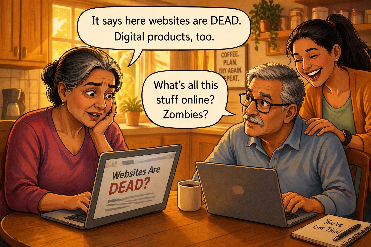 Family chuckling at online news about tech that's supposedly over