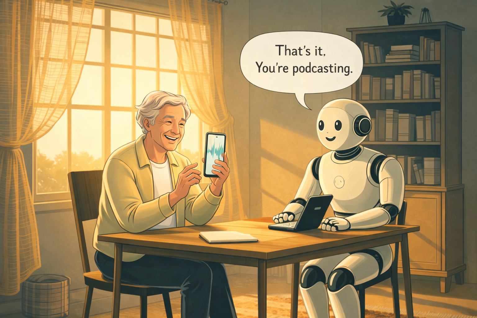 Elderly lady Podcasting with a robot companion
