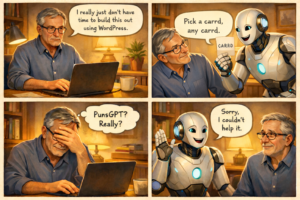 Robot and man working, robot telling a joke (cartoon)