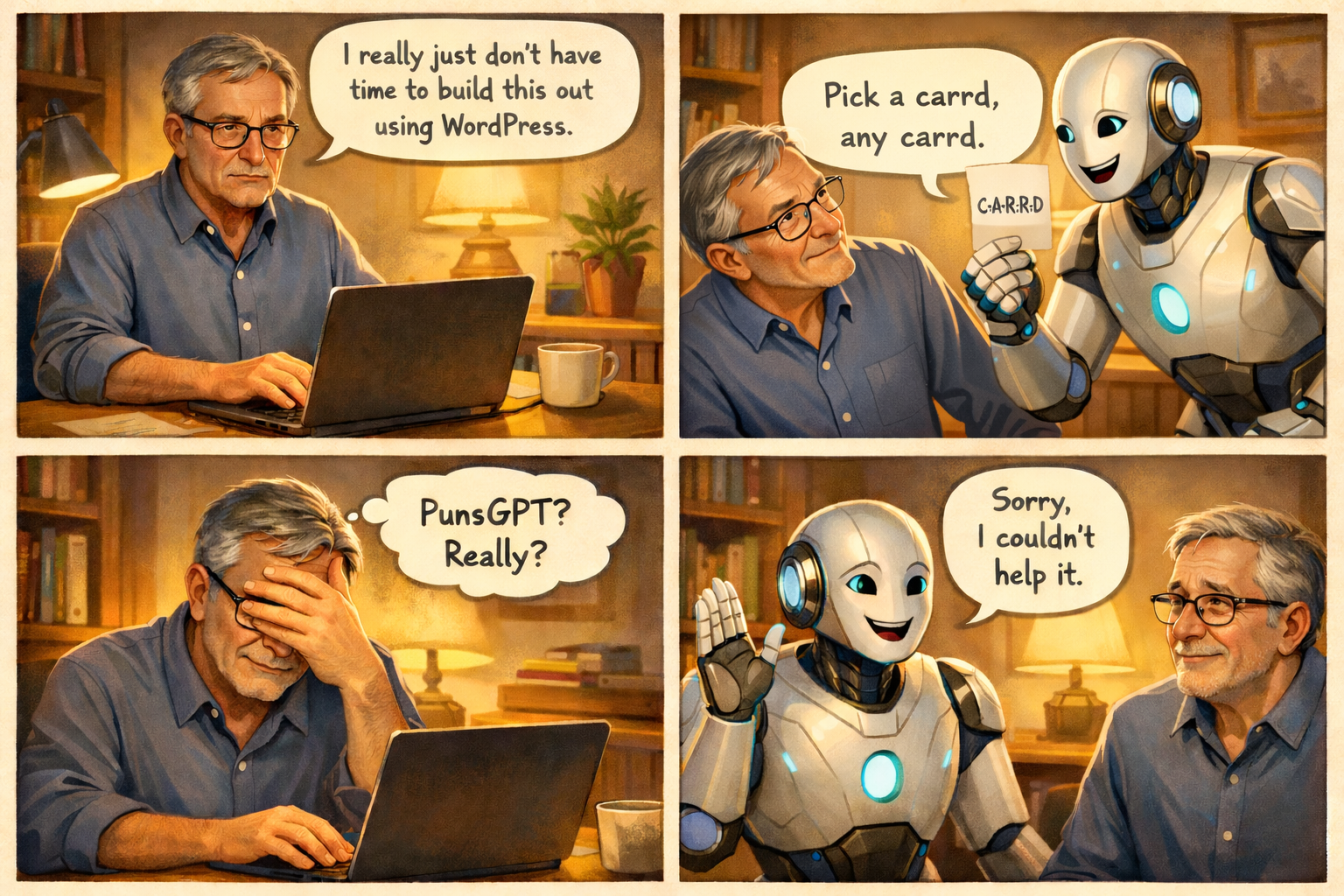 Robot and man working, robot telling a joke (cartoon)
