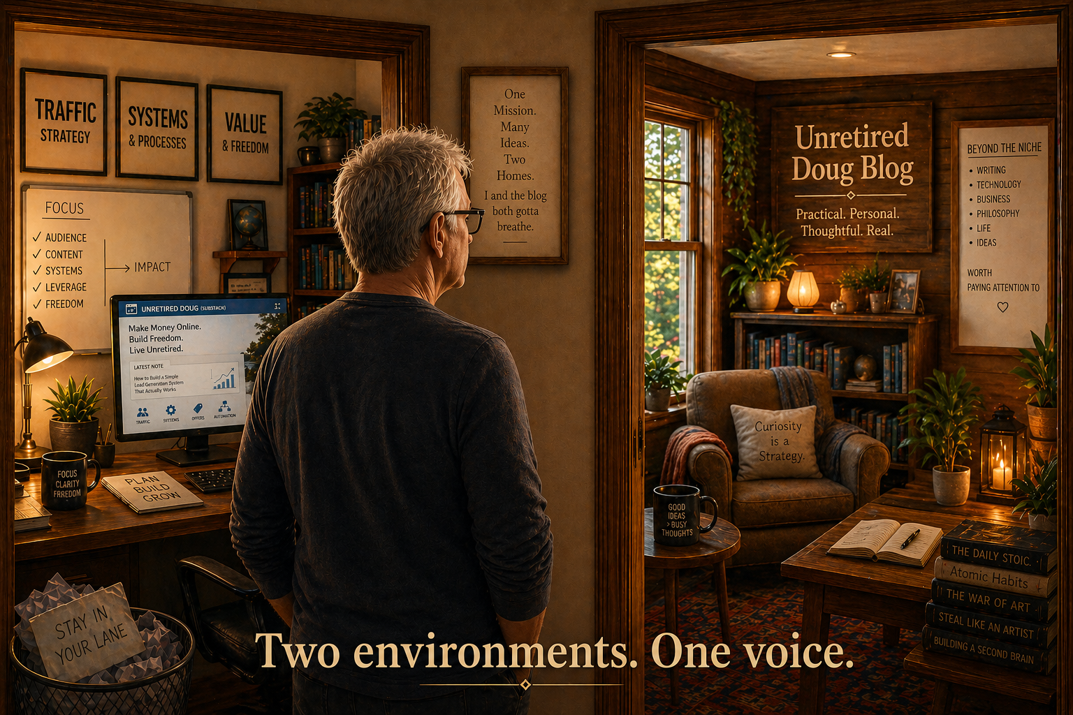 A man standing in an orderly office, looking into a more relaxed room with a sign: Unretired Doug Blog