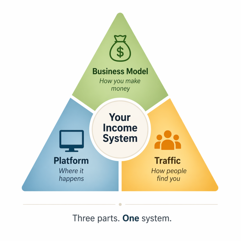 3-section trianular graphic showing Business Model, Platform, and Traffic