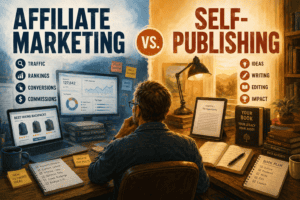 An editorial-style illustration comparing affiliate marketing and self-publishing. A thoughtful creator sits between two contrasting workspaces: one focused on affiliate marketing with analytics, rankings, and traffic dashboards, and the other focused on self-publishing with books, writing, editing, and manuscript pages. Large headings read “Affiliate Marketing” and “Self-Publishing,” emphasizing the contrast between ongoing content and traffic work versus long-term asset creation.