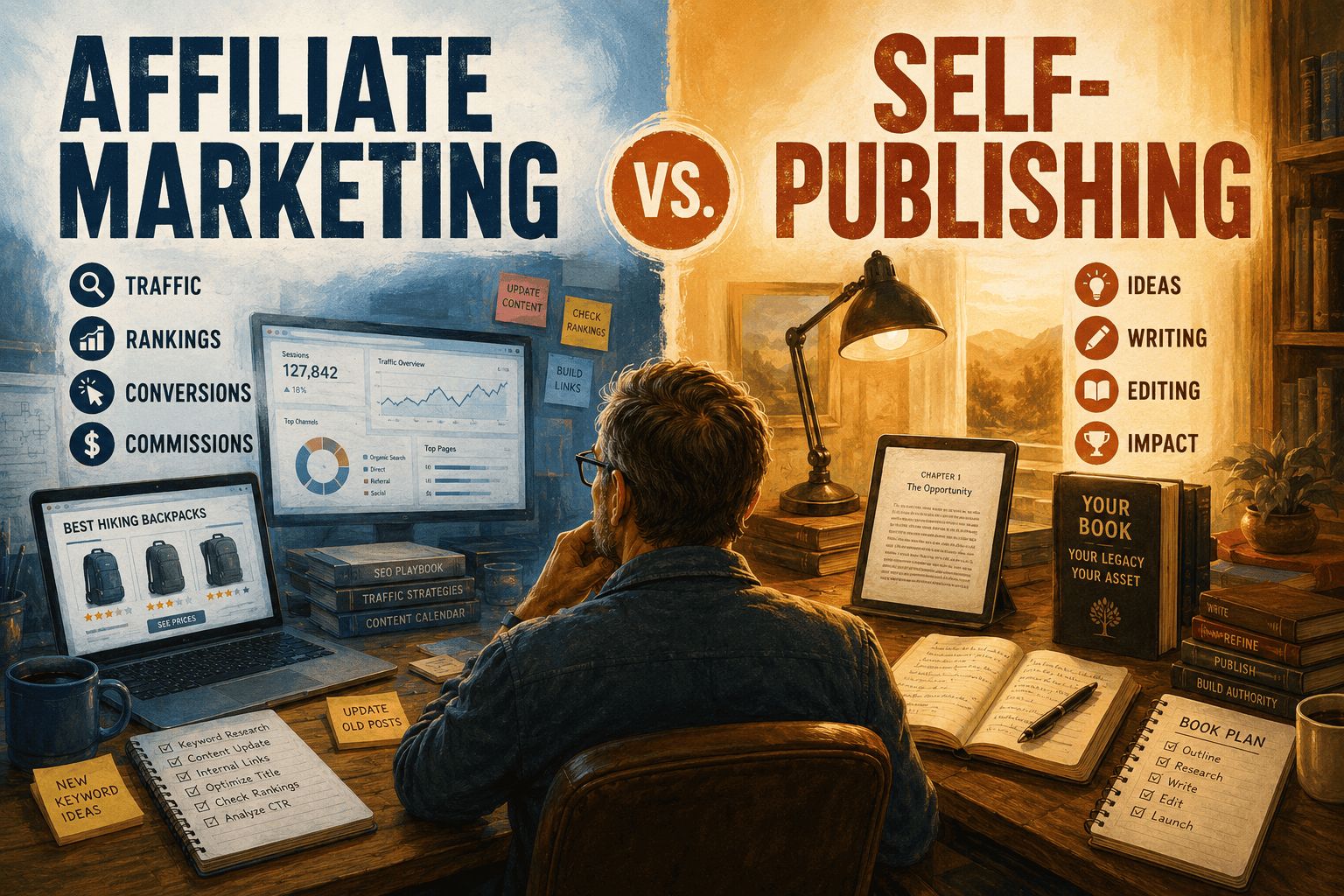 An editorial-style illustration comparing affiliate marketing and self-publishing. A thoughtful creator sits between two contrasting workspaces: one focused on affiliate marketing with analytics, rankings, and traffic dashboards, and the other focused on self-publishing with books, writing, editing, and manuscript pages. Large headings read “Affiliate Marketing” and “Self-Publishing,” emphasizing the contrast between ongoing content and traffic work versus long-term asset creation.