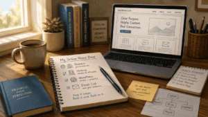 Home office work space with items whose titles involve an online home base
