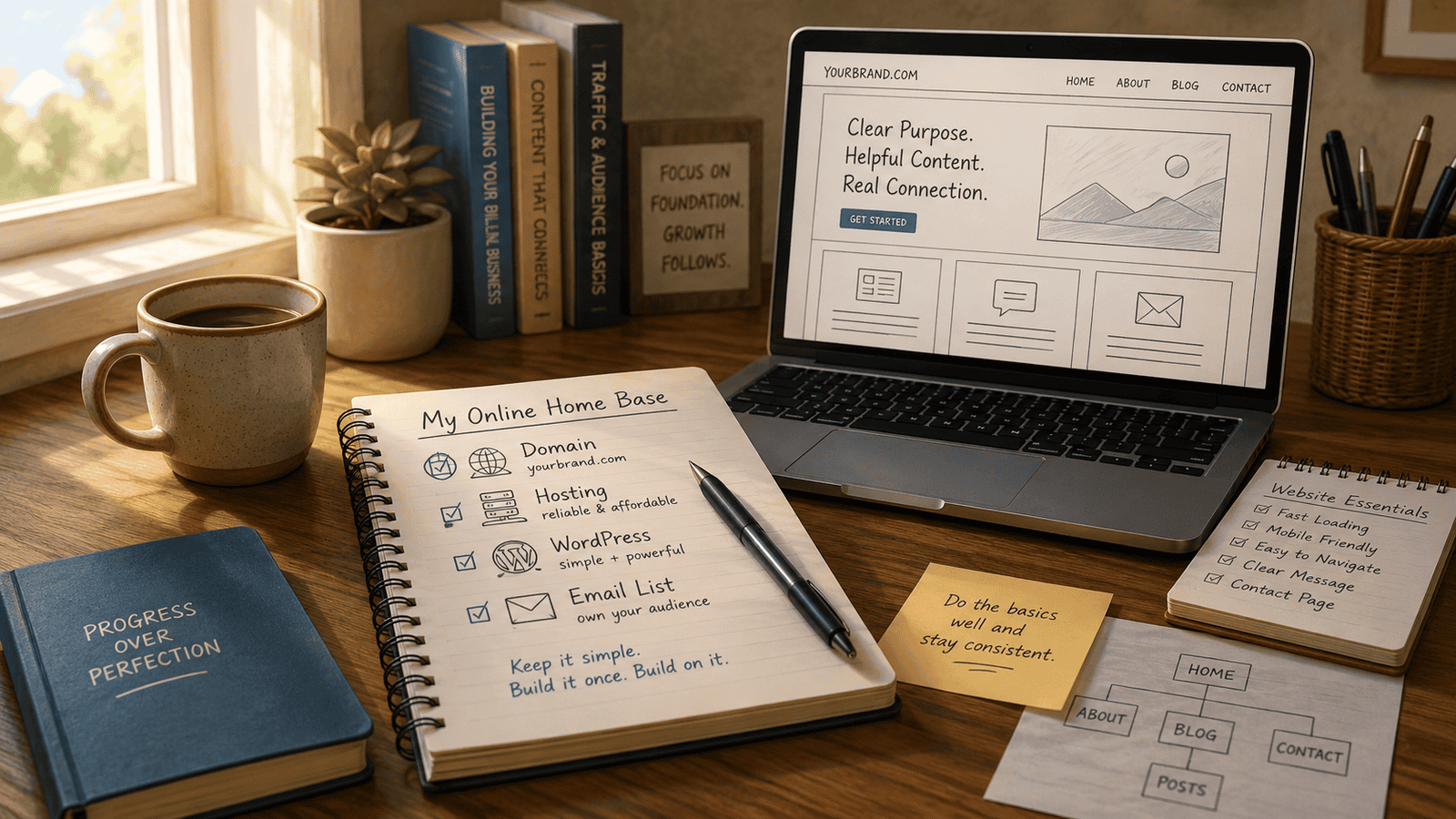 Home office work space with items whose titles involve an online home base