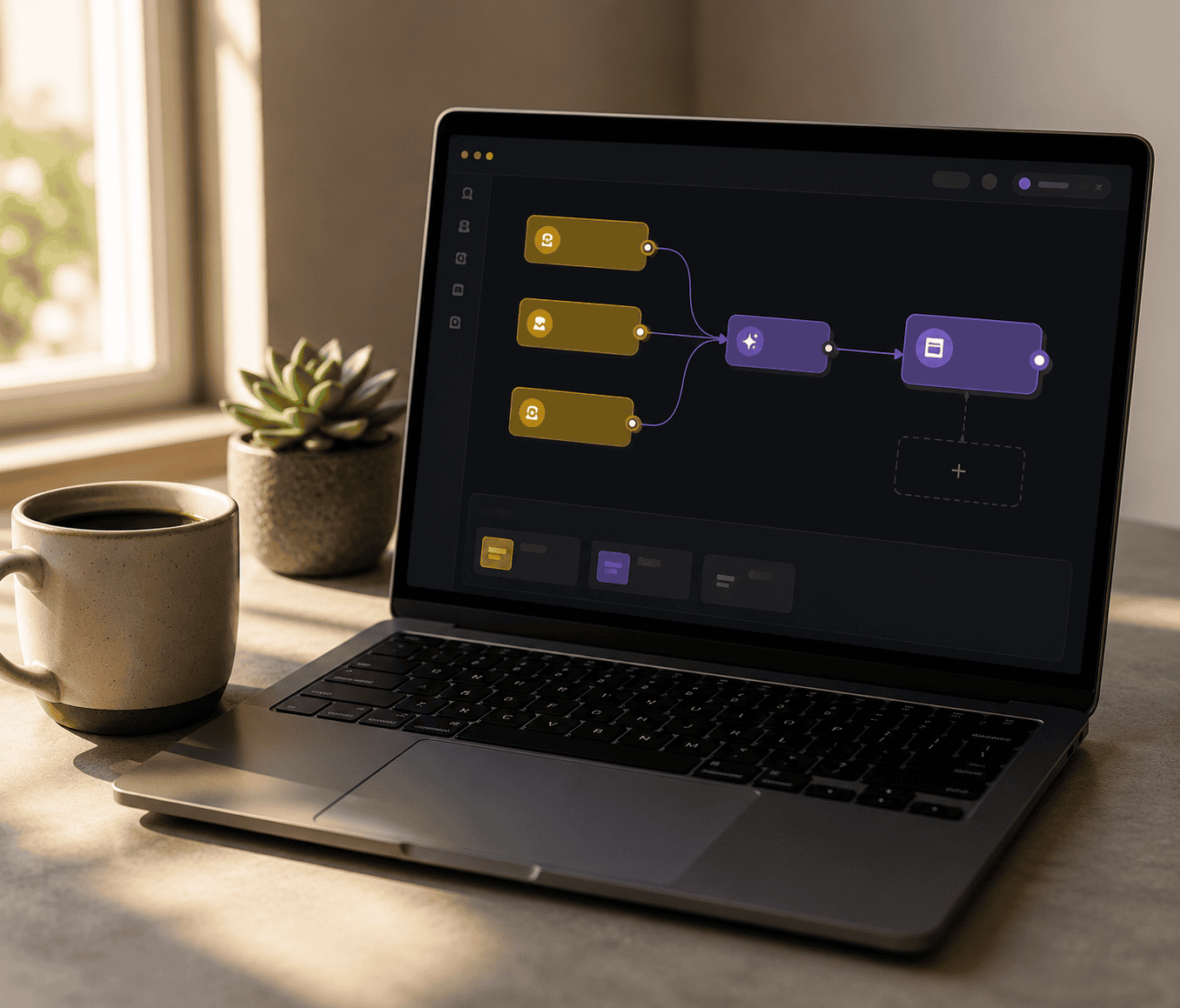 Alt text: Modern laptop on a minimalist desk displaying a dark-mode AI workflow builder with connected yellow and purple nodes, beside a ceramic coffee mug and small succulent plant in warm natural light.
