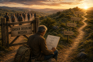 An older man sits beside a gate marked “Order Deadline Missed,” studying a notebook while a crowd follows a busy trail. A quieter path branches off toward the sunrise, marked with signs reading Question, Function, Reasoning, and Framework, symbolizing independent thinking and self-discovery.