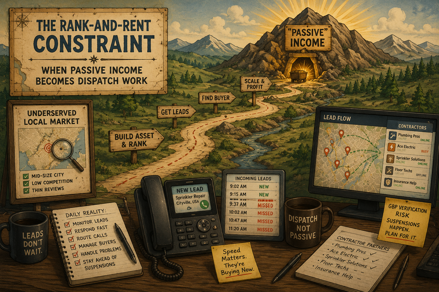 Vintage-style illustration showing the path from an underserved local market to a so-called "Passive Income" gold mine, contrasted with a busy dispatch desk full of lead notifications, phones, contractor management, and operational tasks.