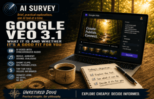 AI Survey featured image for Google Veo 3.1 showing Google Vids on a laptop in a warm workspace, representing a practical evaluation of the AI video tool.
