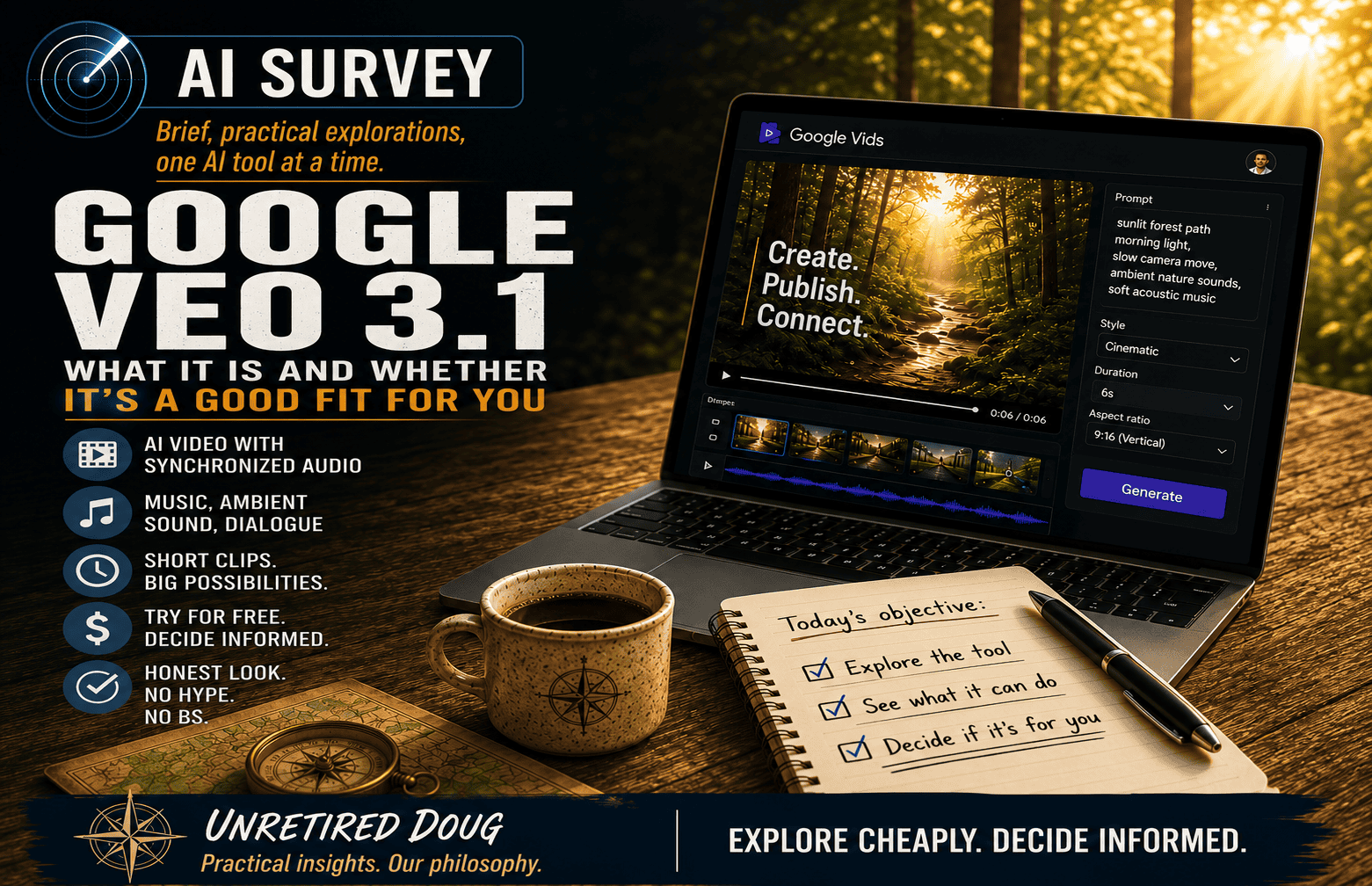 AI Survey featured image for Google Veo 3.1 showing Google Vids on a laptop in a warm workspace, representing a practical evaluation of the AI video tool.