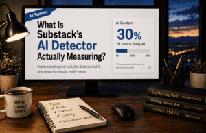 Featured image for an Unretired Doug article about Substack's AI detector. A desktop monitor displays the headline "What Is Substack's AI Detector Actually Measuring?" alongside an example AI-content score, with a research notebook, coffee mug, and books on the desk, conveying a careful examination of what AI detectors actually measure.