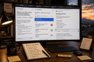 Modern home office with a large monitor showing browser tabs for Perplexity, Google Alerts, and platform policy pages, alongside a handwritten "Before You Build" research checklist. Warm evening lighting and an organized workspace reinforce the idea of carefully evaluating platform rules before launching a new online project.