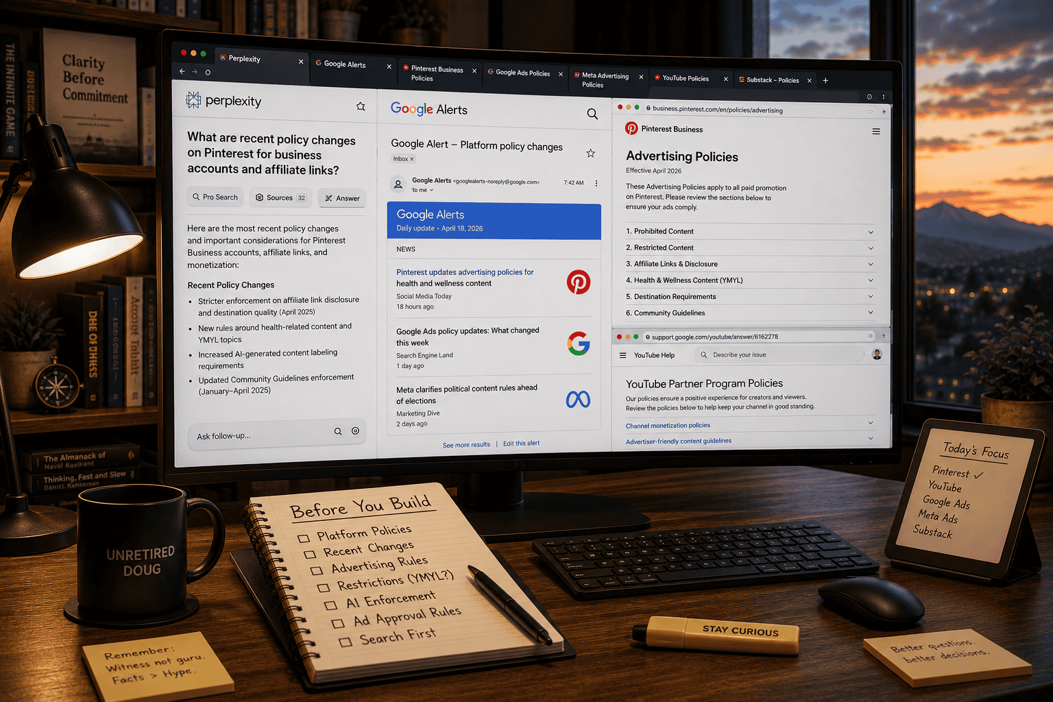 Modern home office with a large monitor showing browser tabs for Perplexity, Google Alerts, and platform policy pages, alongside a handwritten "Before You Build" research checklist. Warm evening lighting and an organized workspace reinforce the idea of carefully evaluating platform rules before launching a new online project.