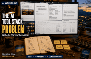 Home office workspace with an ultrawide monitor comparing multiple AI tools and subscriptions, illustrating AI tool overload and workflow consolidation.