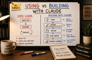 Whiteboard-style infographic comparing using Claude for one-off AI answers versus building reusable business systems. A warm desk scene with notes, markers, coffee mug, and an "AI Survey" label illustrates the shift from asking questions to creating prompts, processes, and workflows that save time.