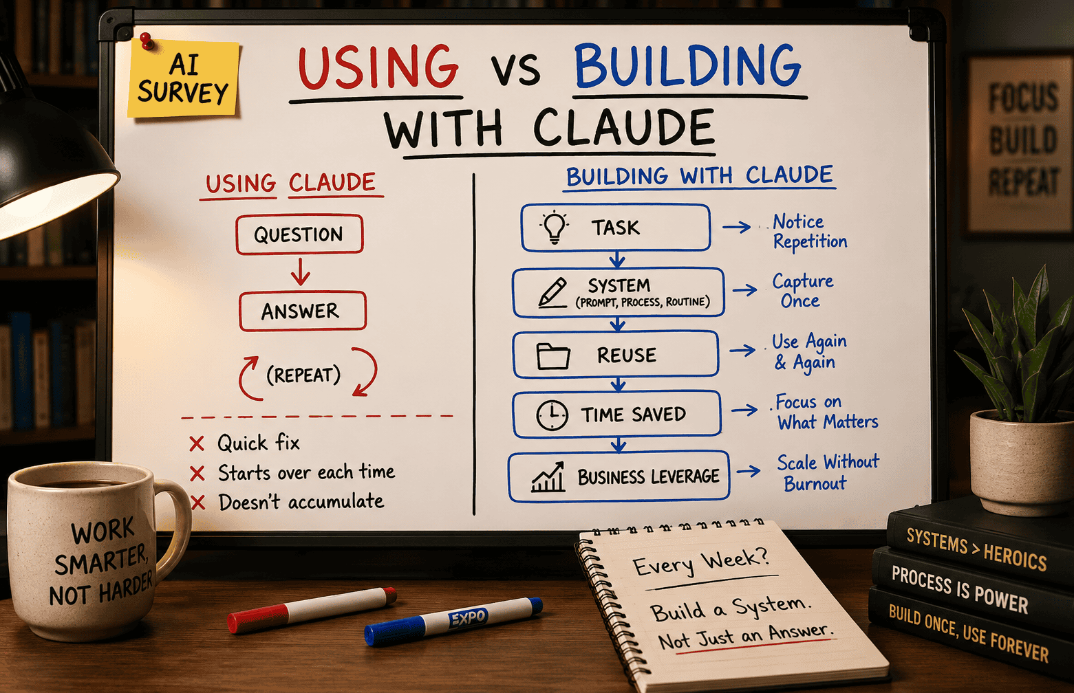Whiteboard-style infographic comparing using Claude for one-off AI answers versus building reusable business systems. A warm desk scene with notes, markers, coffee mug, and an "AI Survey" label illustrates the shift from asking questions to creating prompts, processes, and workflows that save time.