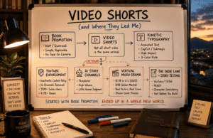 Whiteboard illustrating a research journey from book promotion and kinetic typography to AI story channels, vertical micro-dramas, YouTube policies, and indie video publishing, displayed in a warm home office.