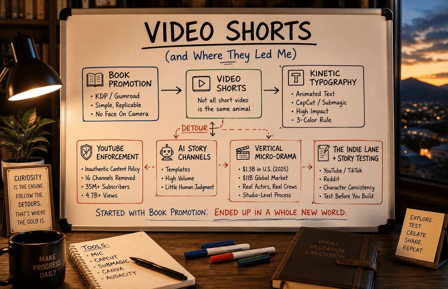Whiteboard illustrating a research journey from book promotion and kinetic typography to AI story channels, vertical micro-dramas, YouTube policies, and indie video publishing, displayed in a warm home office.