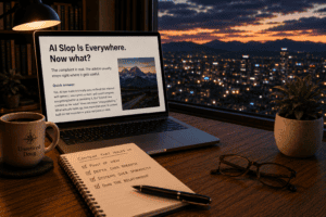 Warm editorial-style photograph of a sophisticated home office at dusk. A laptop on a walnut desk displays an article titled "AI Slop Is Everywhere. Now what?" beside a notebook with handwritten content strategy notes, a coffee mug, eyeglasses, and a small potted plant. Through the large window, a softly glowing city skyline and distant mountains are visible at sunset, creating a calm, thoughtful atmosphere focused on publishing high-value content in the AI era.
