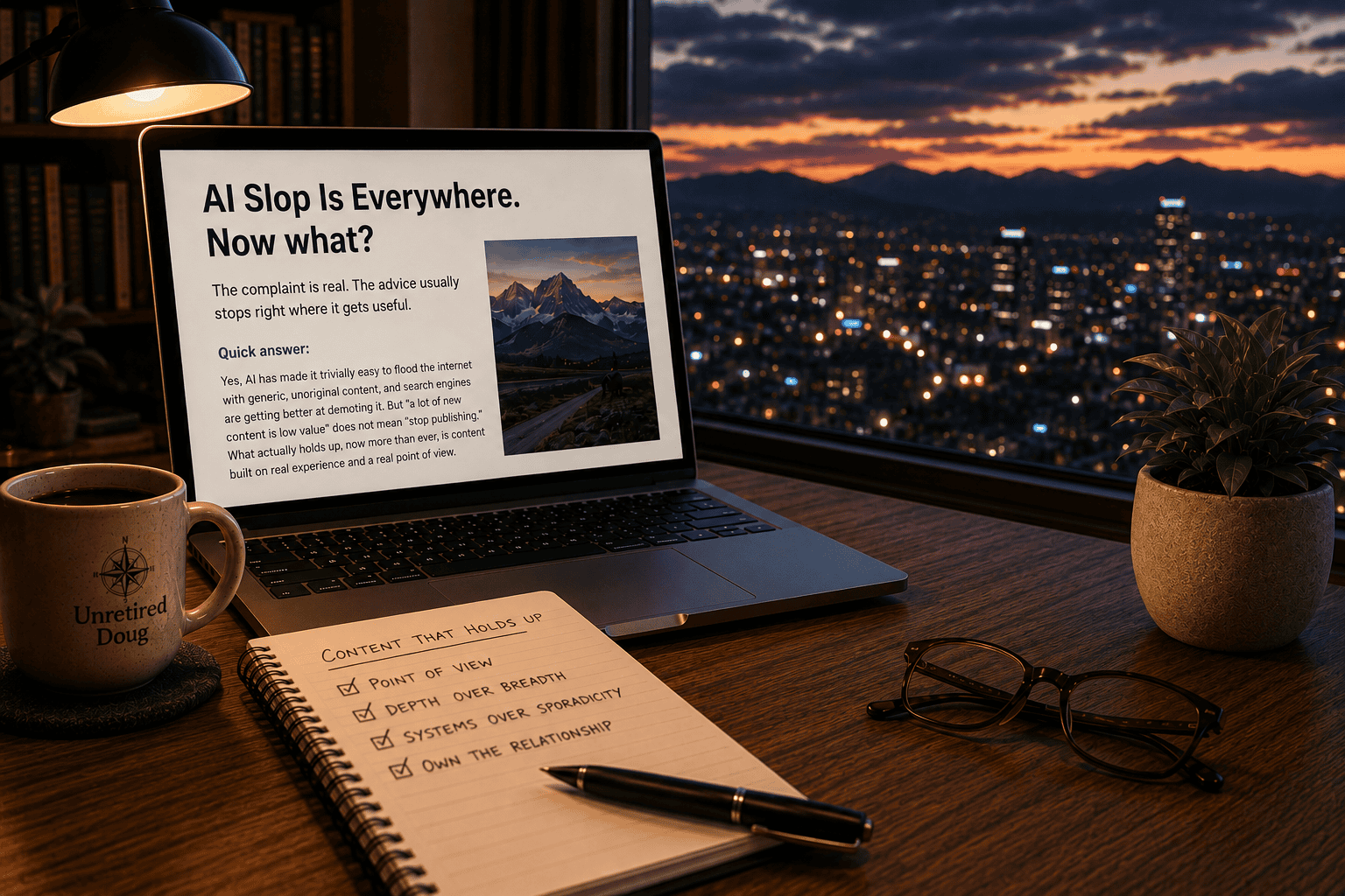 Warm editorial-style photograph of a sophisticated home office at dusk. A laptop on a walnut desk displays an article titled "AI Slop Is Everywhere. Now what?" beside a notebook with handwritten content strategy notes, a coffee mug, eyeglasses, and a small potted plant. Through the large window, a softly glowing city skyline and distant mountains are visible at sunset, creating a calm, thoughtful atmosphere focused on publishing high-value content in the AI era.
