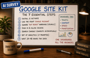 Featured illustration of a Google Site Kit setup guide on a whiteboard, showing seven essential setup steps with dashboard tabs for Traffic, Content, Speed, and Monetization in a warm home office workspace.
