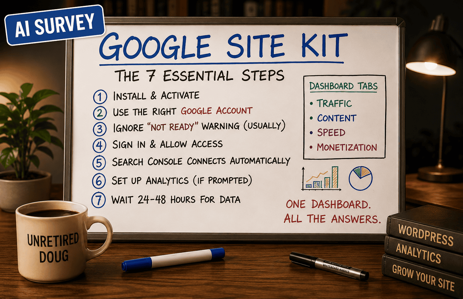 Featured illustration of a Google Site Kit setup guide on a whiteboard, showing seven essential setup steps with dashboard tabs for Traffic, Content, Speed, and Monetization in a warm home office workspace.