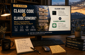 Editorial-style illustration comparing Claude Code and Claude Cowork on a large ultrawide monitor in a warm home office at dusk. The display presents a side-by-side overview of Anthropic's developer-focused terminal tool and its easier-to-use desktop application, along with a decision framework, skill ladder, and checklist encouraging readers to evaluate AI workflow systems before buying.