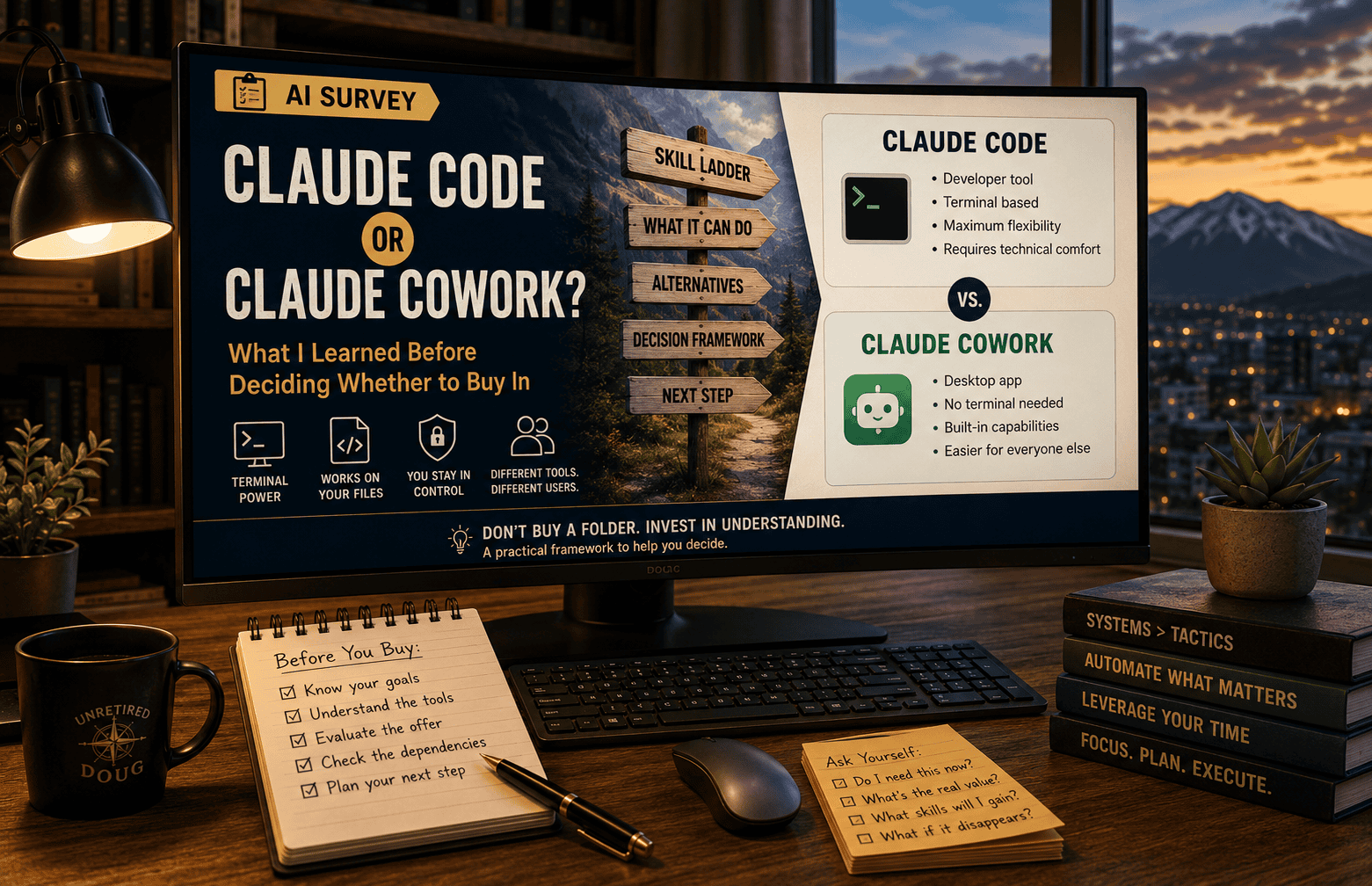 Editorial-style illustration comparing Claude Code and Claude Cowork on a large ultrawide monitor in a warm home office at dusk. The display presents a side-by-side overview of Anthropic's developer-focused terminal tool and its easier-to-use desktop application, along with a decision framework, skill ladder, and checklist encouraging readers to evaluate AI workflow systems before buying.