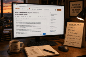 Computer displaying a Quora question beside a "Before You Publish" checklist reminding creators to write helpful, original answers and earn trust before adding links.