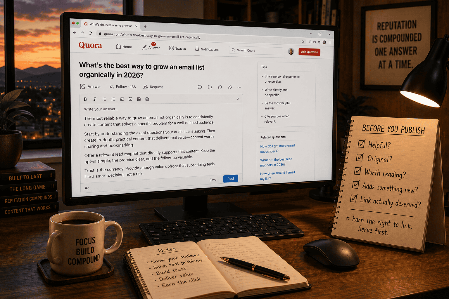Computer displaying a Quora question beside a "Before You Publish" checklist reminding creators to write helpful, original answers and earn trust before adding links.