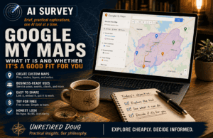Featured graphic for an AI Survey about Google My Maps. A laptop displays a Google My Maps project with a custom service area and multiple map markers. Large headline reads "Google My Maps: What It Is and Whether It's a Good Fit for You." Supporting text highlights creating custom maps, business uses, sharing, free access, and an honest, no-hype overview. A coffee mug, compass, and notebook with a checklist sit on the desk. Unretired Doug branding appears along the bottom with the tagline "Explore cheaply. Decide informed."