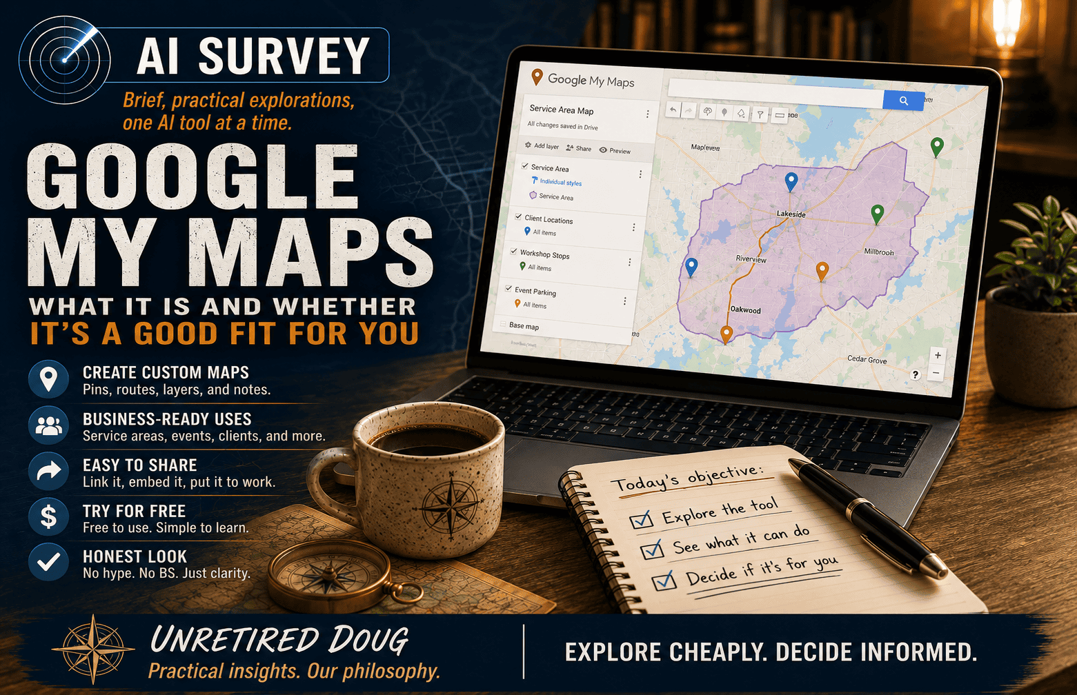 Featured graphic for an AI Survey about Google My Maps. A laptop displays a Google My Maps project with a custom service area and multiple map markers. Large headline reads "Google My Maps: What It Is and Whether It's a Good Fit for You." Supporting text highlights creating custom maps, business uses, sharing, free access, and an honest, no-hype overview. A coffee mug, compass, and notebook with a checklist sit on the desk. Unretired Doug branding appears along the bottom with the tagline "Explore cheaply. Decide informed."