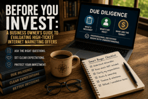 Featured image showing a laptop displaying a due diligence checklist beside a notebook, coffee mug, and business planning workspace, illustrating how to evaluate high-ticket internet marketing offers before investing.
