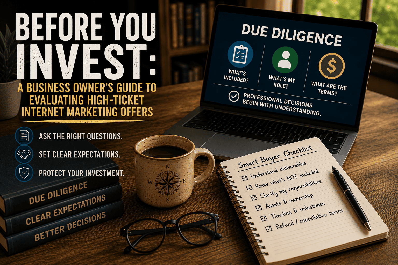 Featured image showing a laptop displaying a due diligence checklist beside a notebook, coffee mug, and business planning workspace, illustrating how to evaluate high-ticket internet marketing offers before investing.