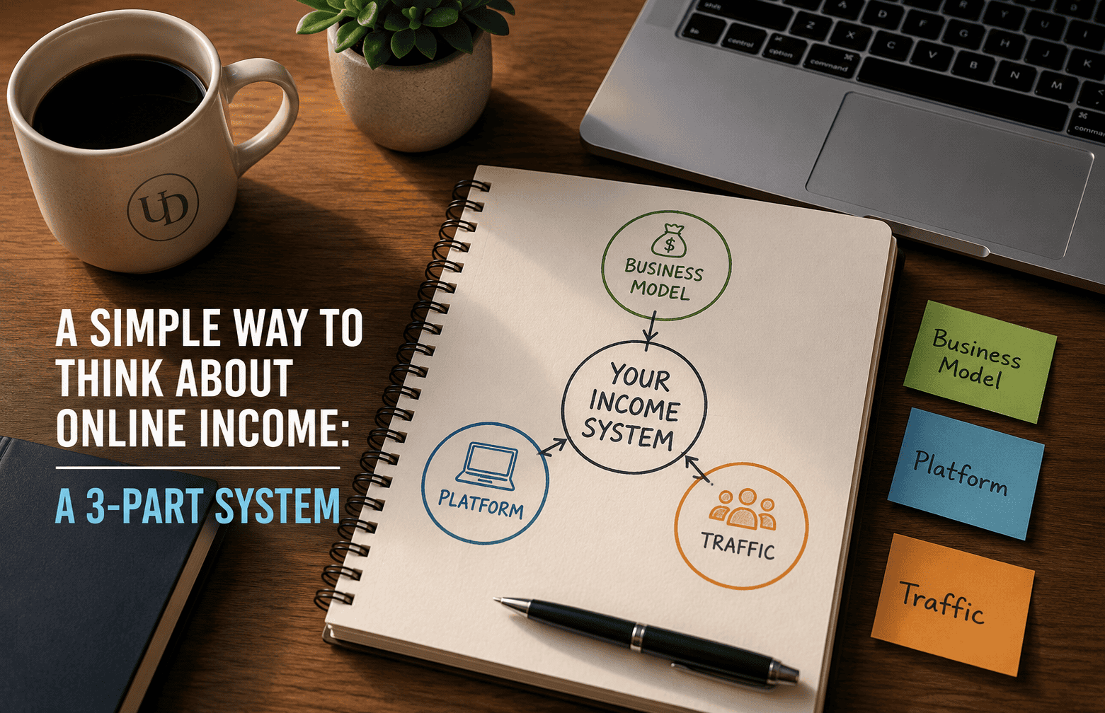 Overhead view of a tidy wooden desk with a notebook showing a hand-drawn diagram connecting Business Model, Platform, and Traffic into a central Income System, alongside a coffee mug, laptop, pen, and colorful sticky notes.