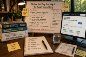 Warm Unretired Doug workspace with a whiteboard checklist for evaluating high-ticket resale-rights programs, a Trustpilot review page on the monitor, and books on verification, due diligence, business buying, and value proposition design.
