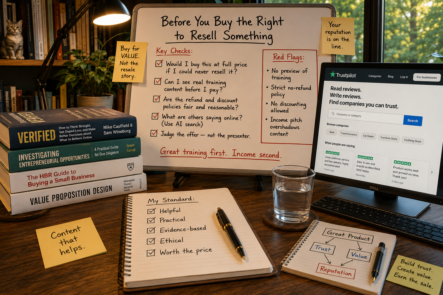Warm Unretired Doug workspace with a whiteboard checklist for evaluating high-ticket resale-rights programs, a Trustpilot review page on the monitor, and books on verification, due diligence, business buying, and value proposition design.