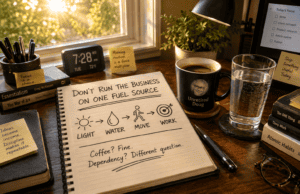 Warm morning workspace with sunlight streaming through a window onto an open notebook reading “Don’t run the business on one fuel source,” with light, water, movement, and work illustrated as a sequence. A coffee mug and full glass of water sit alongside the notebook, reinforcing the idea of building morning alertness without depending entirely on caffeine.