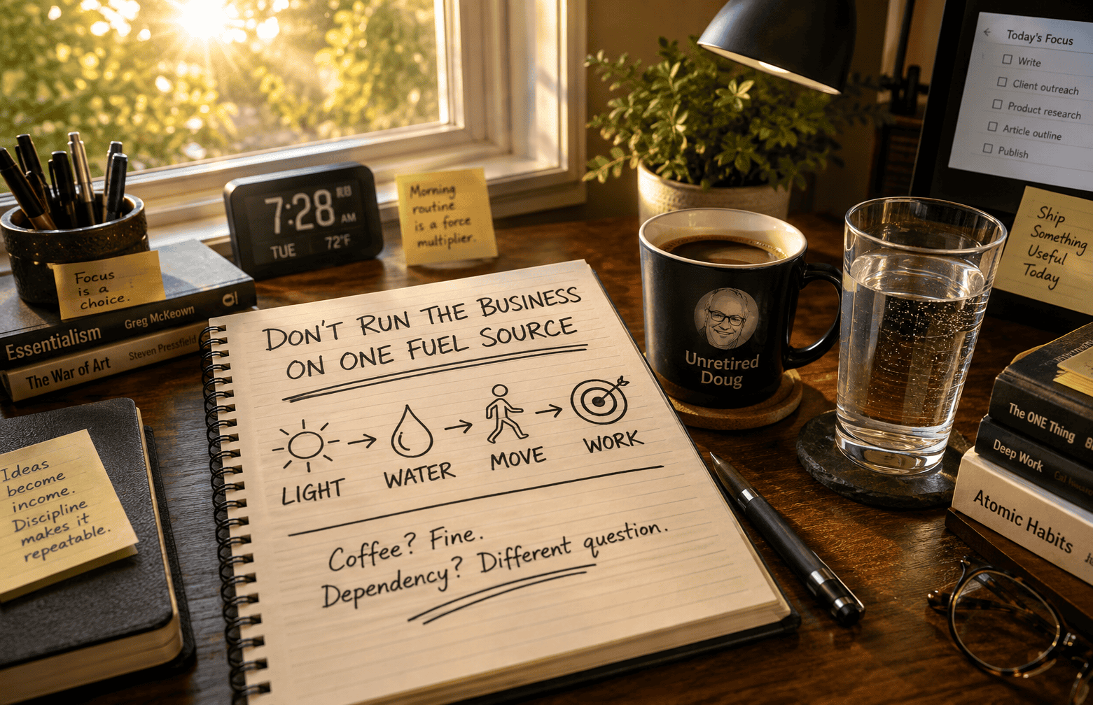 Warm morning workspace with sunlight streaming through a window onto an open notebook reading “Don’t run the business on one fuel source,” with light, water, movement, and work illustrated as a sequence. A coffee mug and full glass of water sit alongside the notebook, reinforcing the idea of building morning alertness without depending entirely on caffeine.