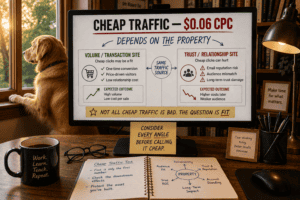 Warm Unretired Doug home office with a golden retriever looking out the window beside a monitor comparing $0.06 cheap traffic for transaction sites versus trust-based properties, emphasizing that traffic value depends on fit and hidden long-term costs.