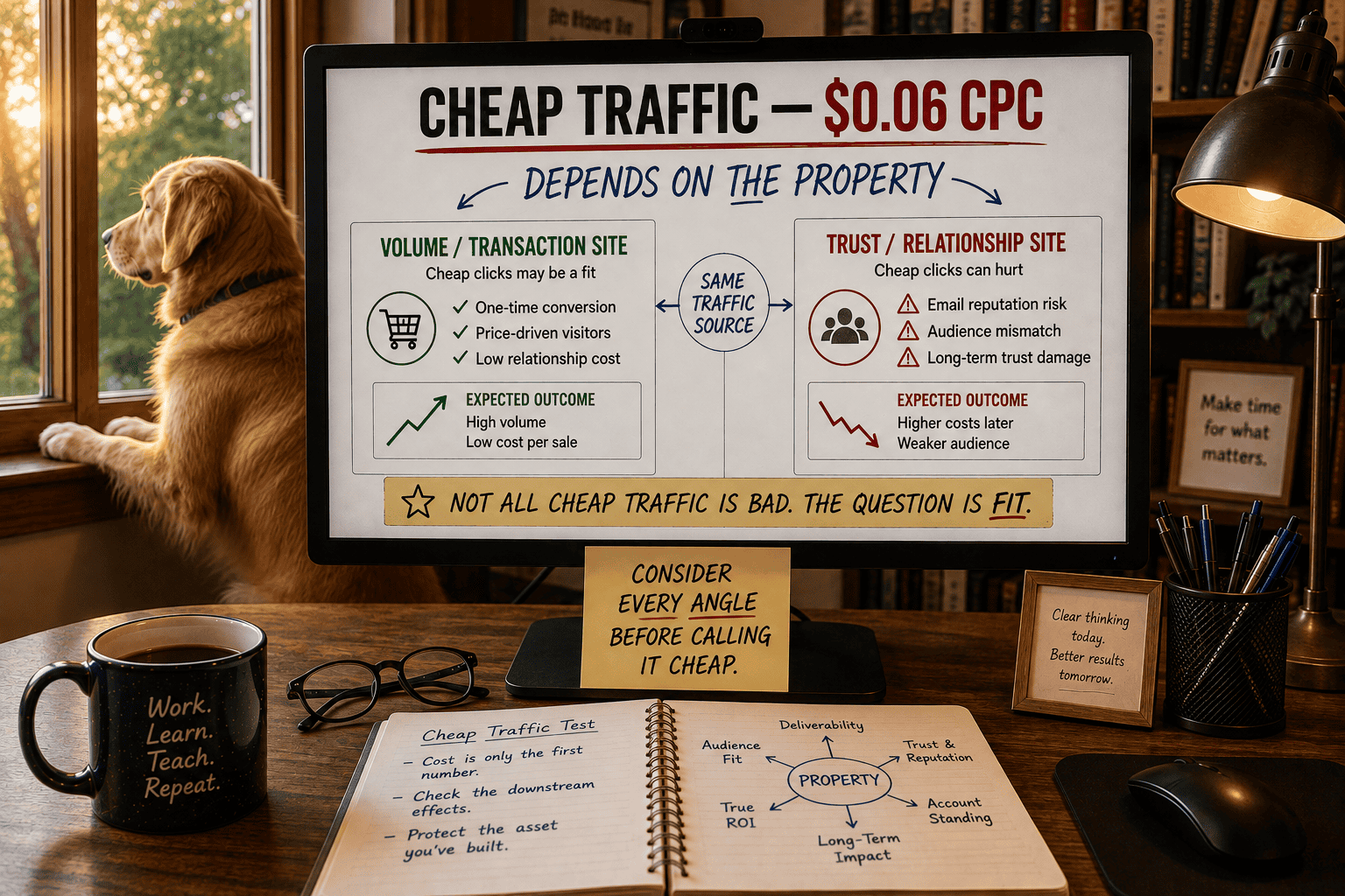 Warm Unretired Doug home office with a golden retriever looking out the window beside a monitor comparing $0.06 cheap traffic for transaction sites versus trust-based properties, emphasizing that traffic value depends on fit and hidden long-term costs.